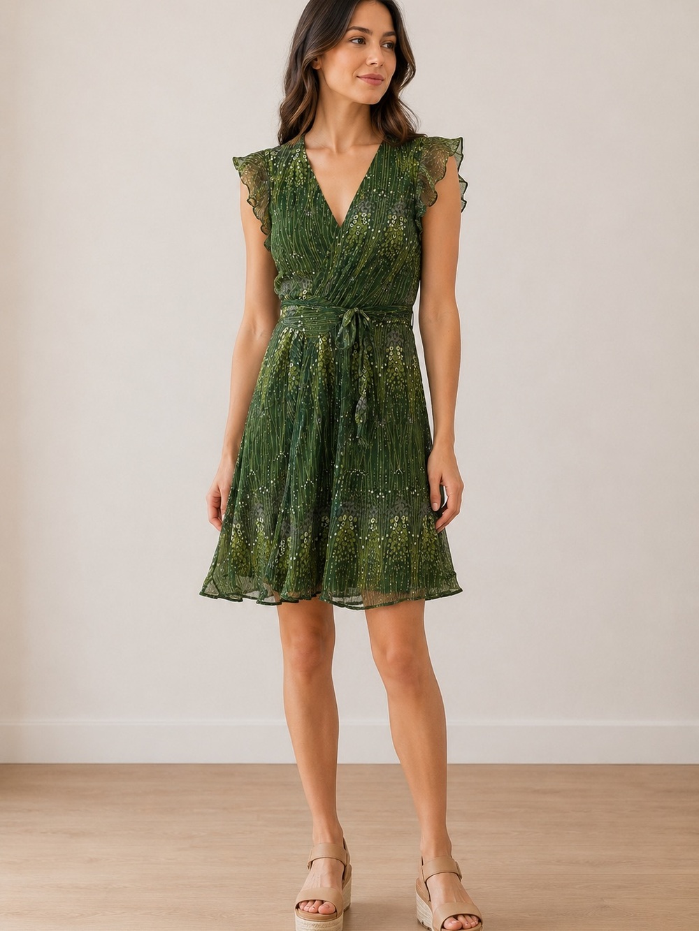 Green Silk Wrap Dress with Tie Waist